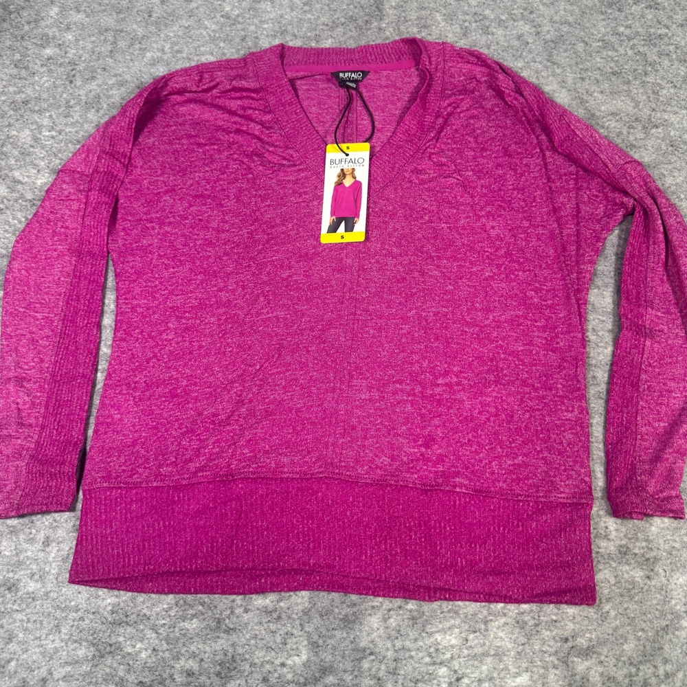 Buffalo David Bitton Womens Fuchsia Pink V-Neck Long Sleeve Marl Top Small NEW